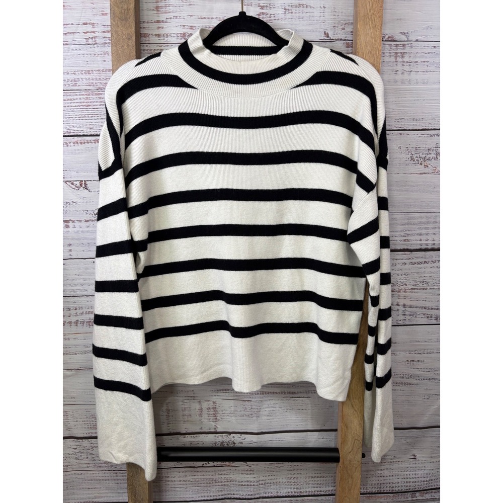Evereve Striped Mock Neck Sweater Ivory Black Knit Top Small